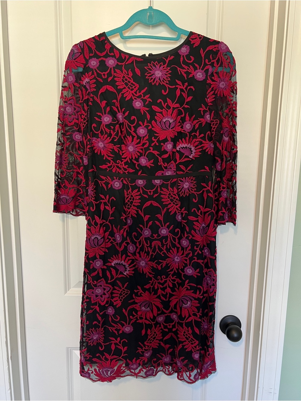 Adrianna Papell Black Midi Dress with Pink & Purple Floral Embroidery